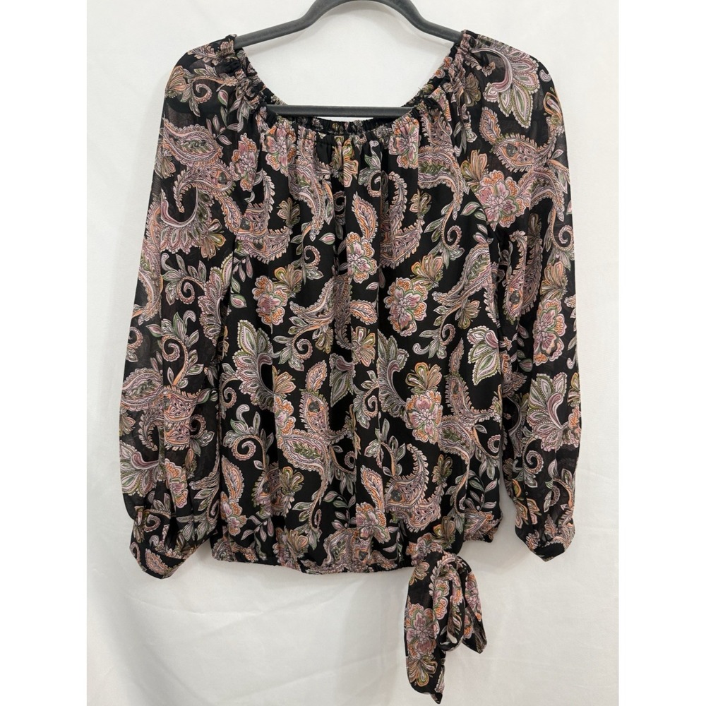 Cece Black Paisley Long Sleeve Tie Waist Peasant Top Blouse Womens‎ Size M